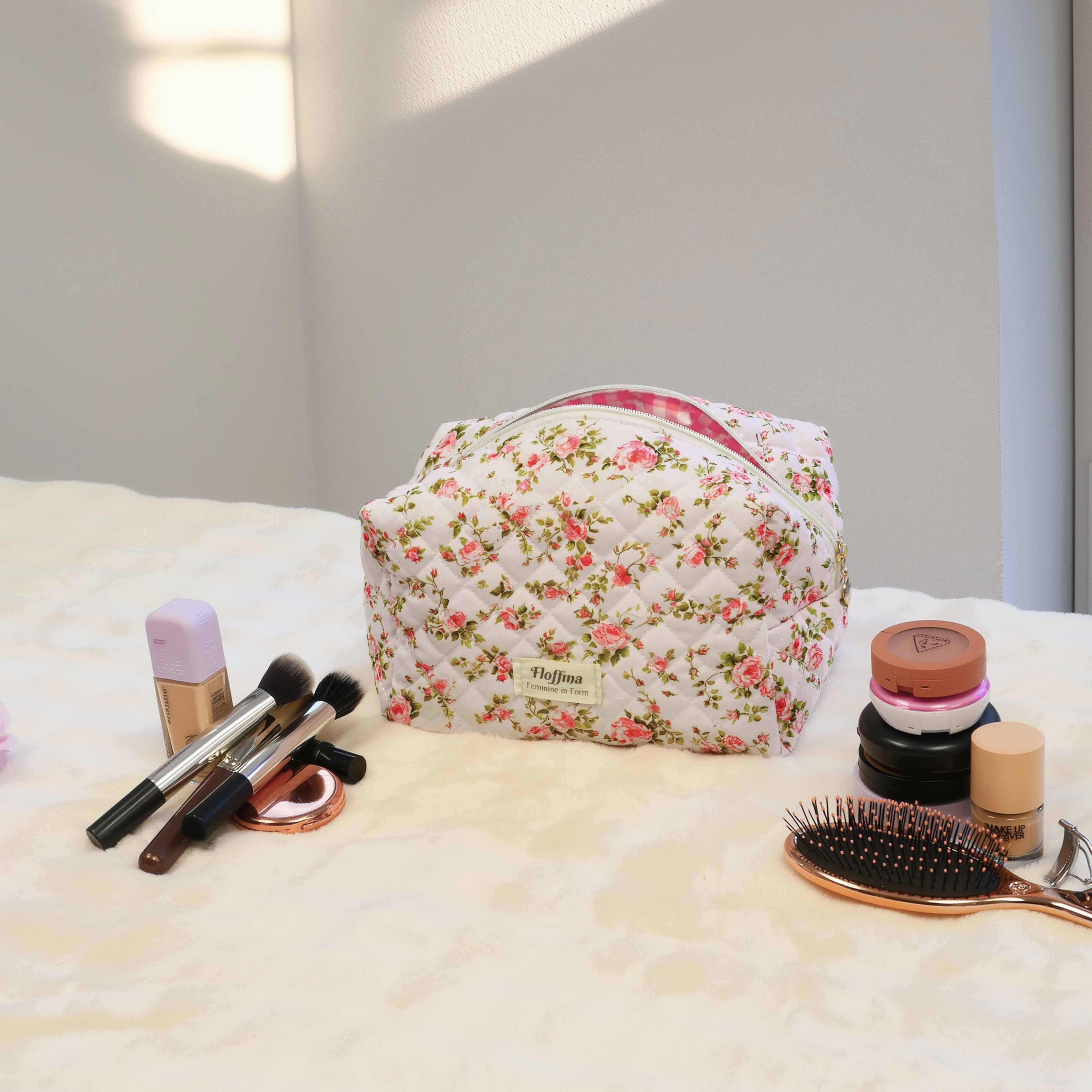 Fleurie – Pink Vine Quilted Makeup Bag