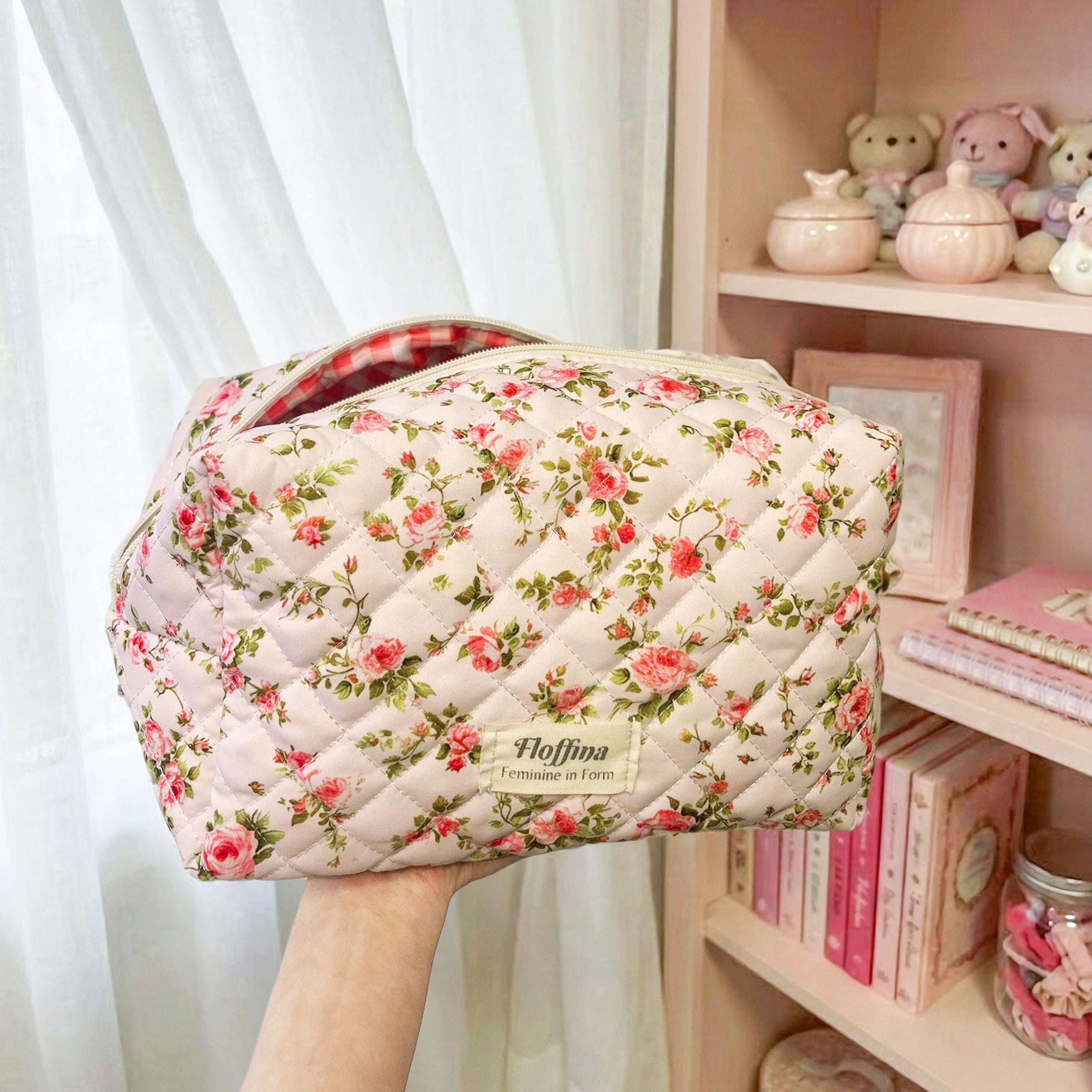 Fleurie – Pink Vine Quilted Makeup Bag